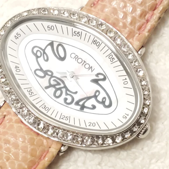 Croton Diamonds Bezel Women's Watch Pink Genuine Strap Mother Pearl Dial Vintage - Picture 2 of 12